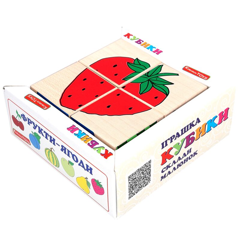 Wooden toy T606. Cubes set. Puzzle "Fruits and berries" 4pcs. Komarovtoys